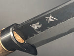 黒打ち積層剣型ナイフ　120mm　青紙2号　墨流し ダマスカス　樫ハンドル　(黒鞘付き)