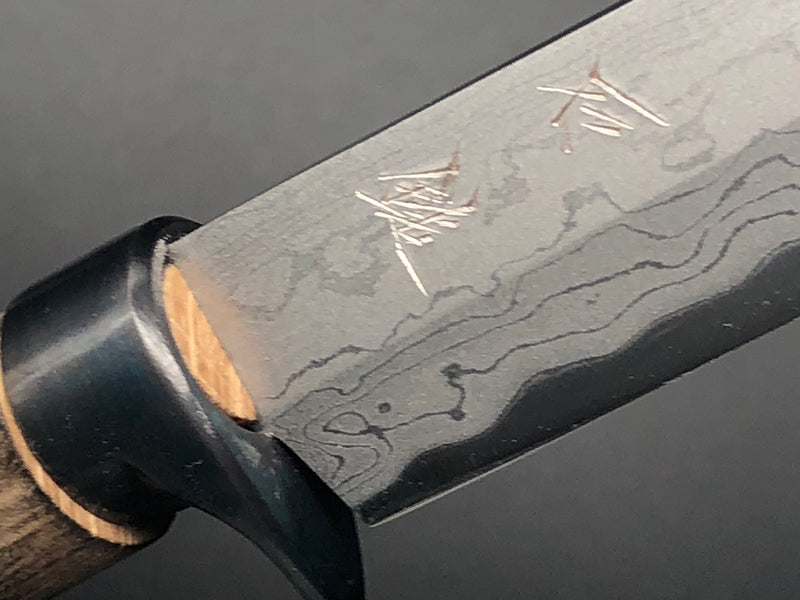 磨き積層剣型ナイフ　120mm　青紙2号　墨流し　ダマスカス　樫ハンドル　(黒鞘付き)