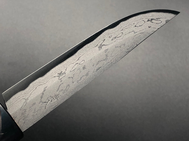 磨き積層剣型ナイフ　120mm　青紙2号　墨流し　ダマスカス　樫ハンドル　(黒鞘付き)